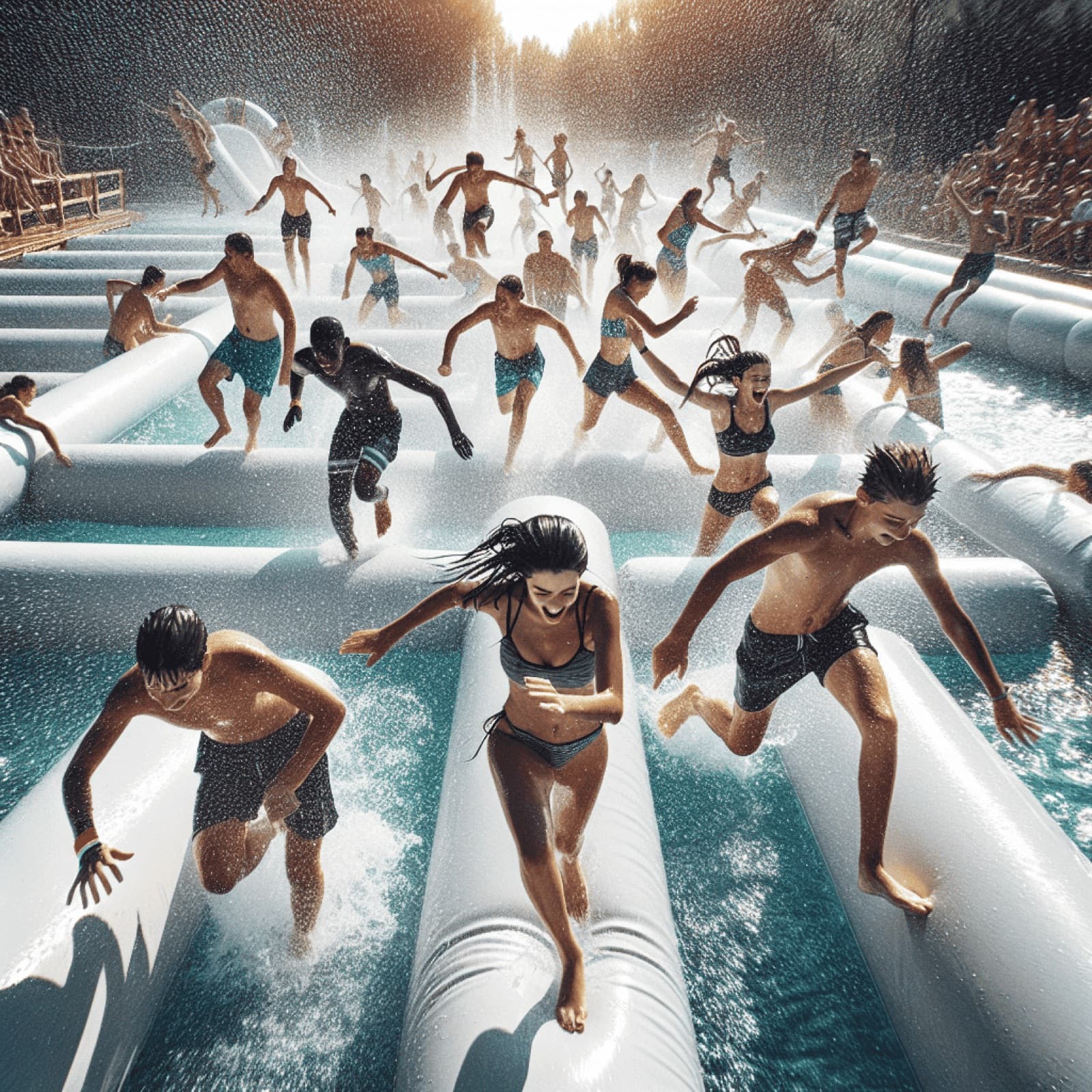 Action shot on inflatable obstacles