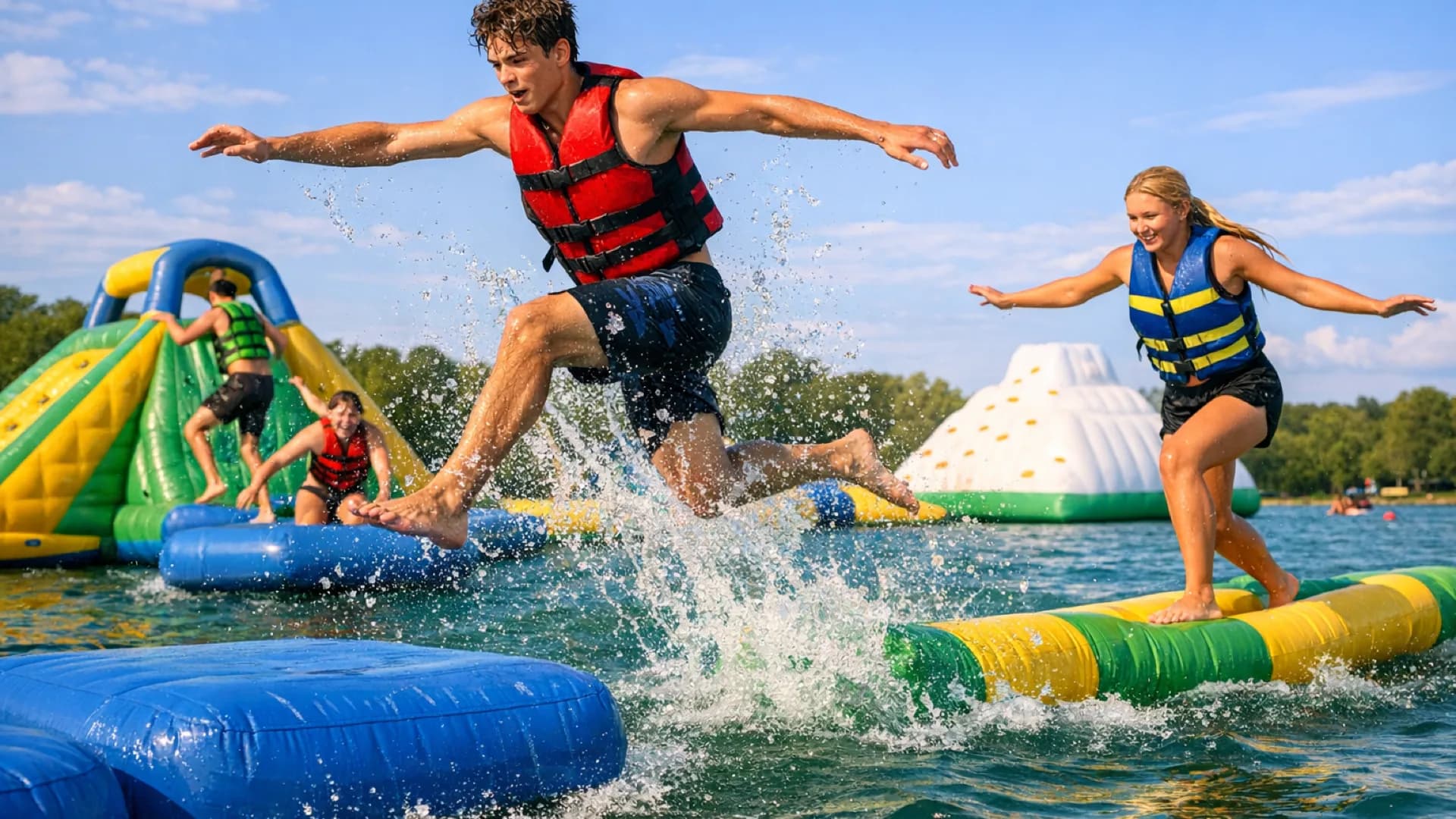 Action shot on inflatable obstacles